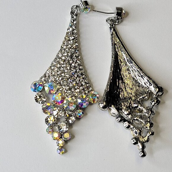 Iridescent Long Crystal Earrings with Aurora Borealis Rhinestone Silver Earrings - Picture 3 of 9